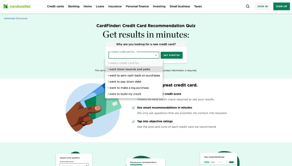 NerdWallet CardFinder quiz landing page with goal dropdown and Get Started call to action