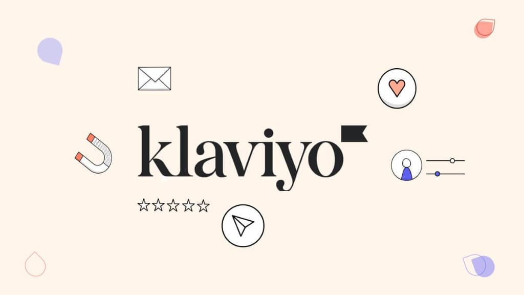 Klaviyo brand illustration — logo surrounded by email, messaging, and marketing icons