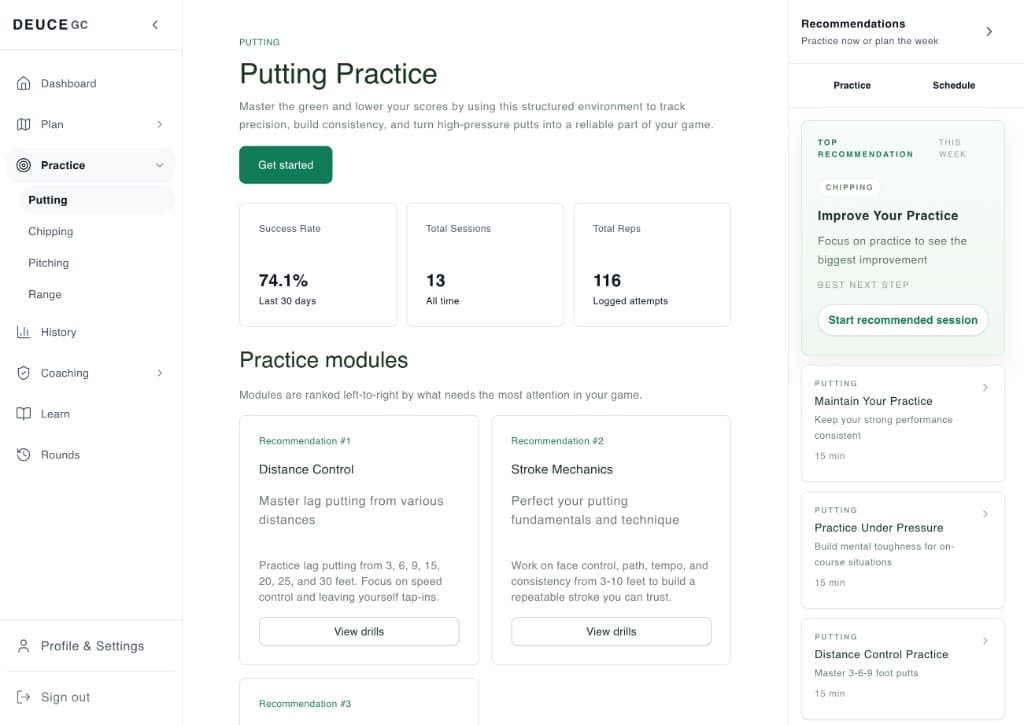 DeuceGC putting practice hub with ranked modules and success metrics