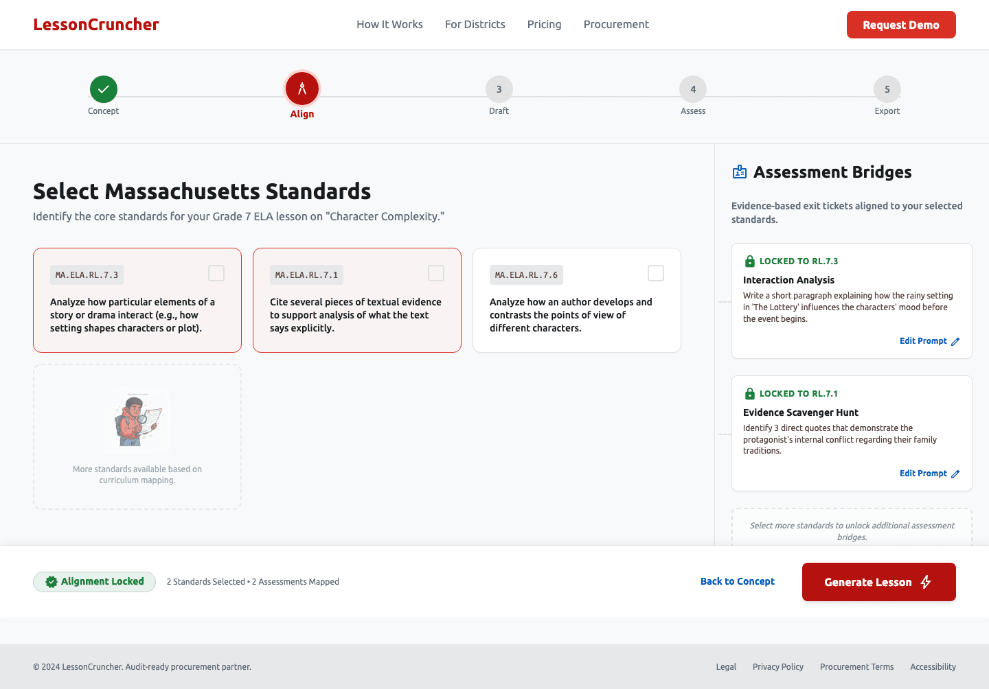 Standards alignment gate with framework codes locked before lesson generation