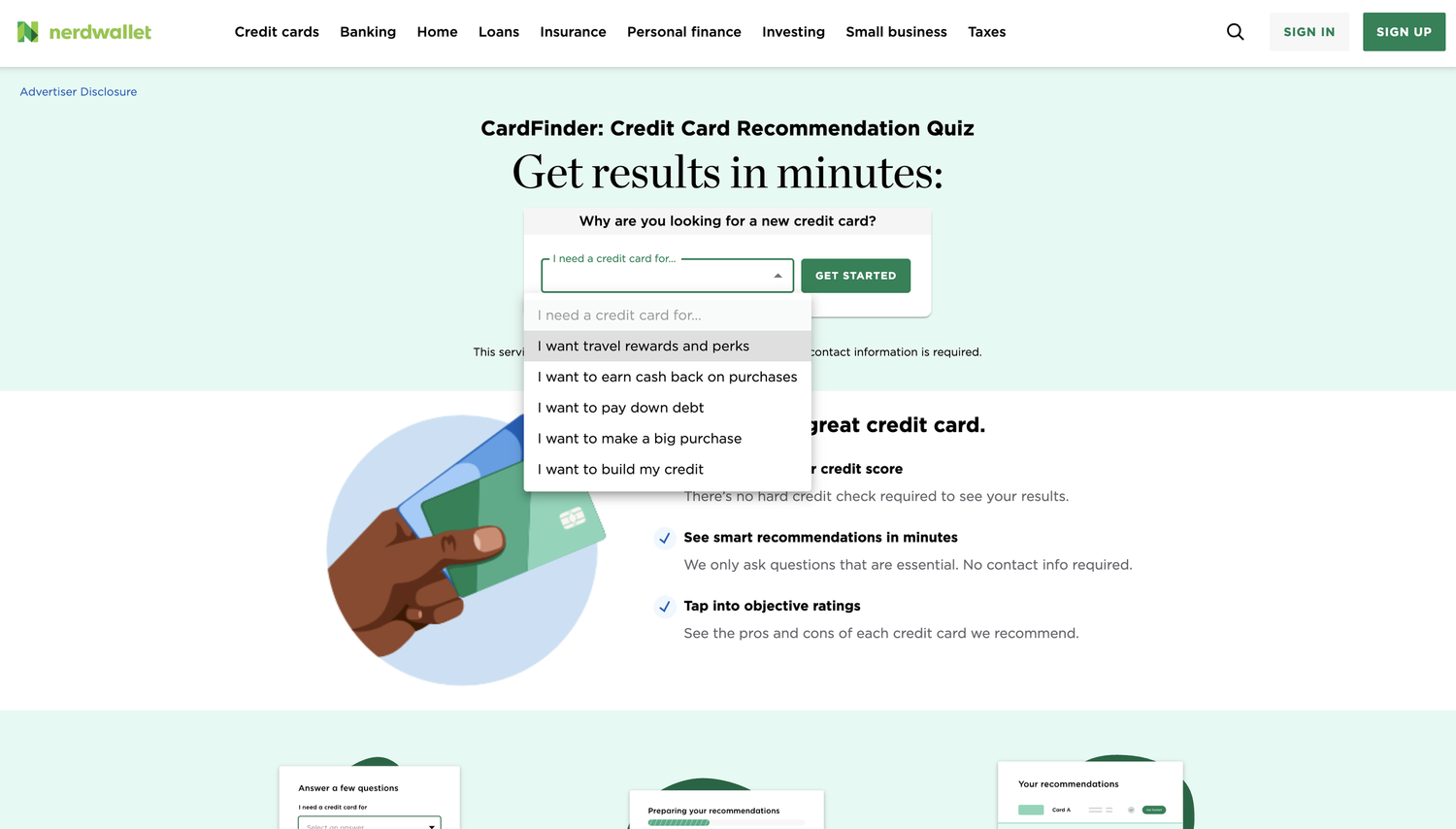 NerdWallet CardFinder quiz landing page with the goal dropdown open