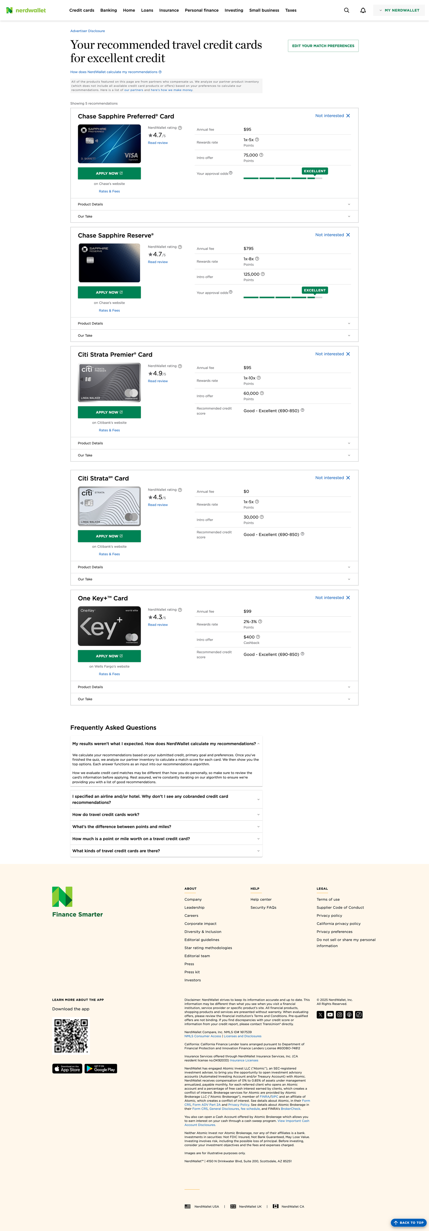 NerdWallet CardFinder results page showing five recommended travel credit cards